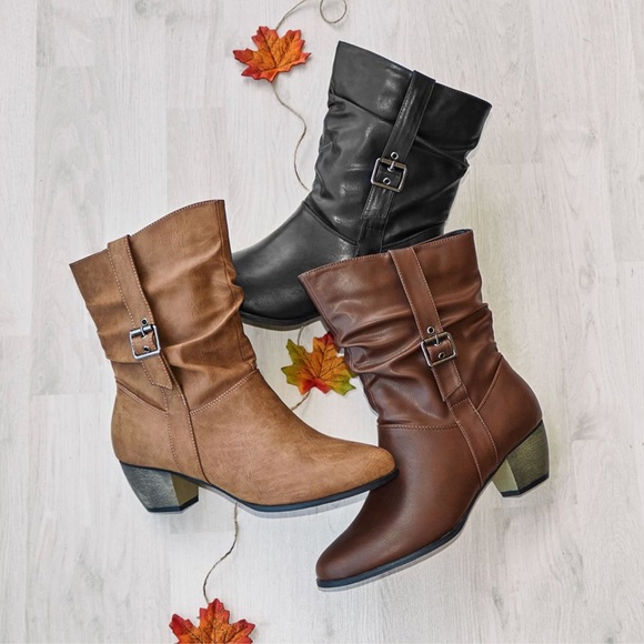 NIB Black Mid-Calf Buckle Chunky Heel Slouch Boots - Picture 4 of 4